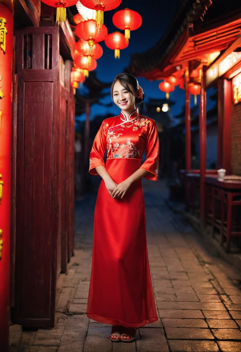 ((Beautiful)), young mandarin teen, softly smiling, looking downward, wearing traditional Chinese red dress, standing outside of a Chinese bar at night