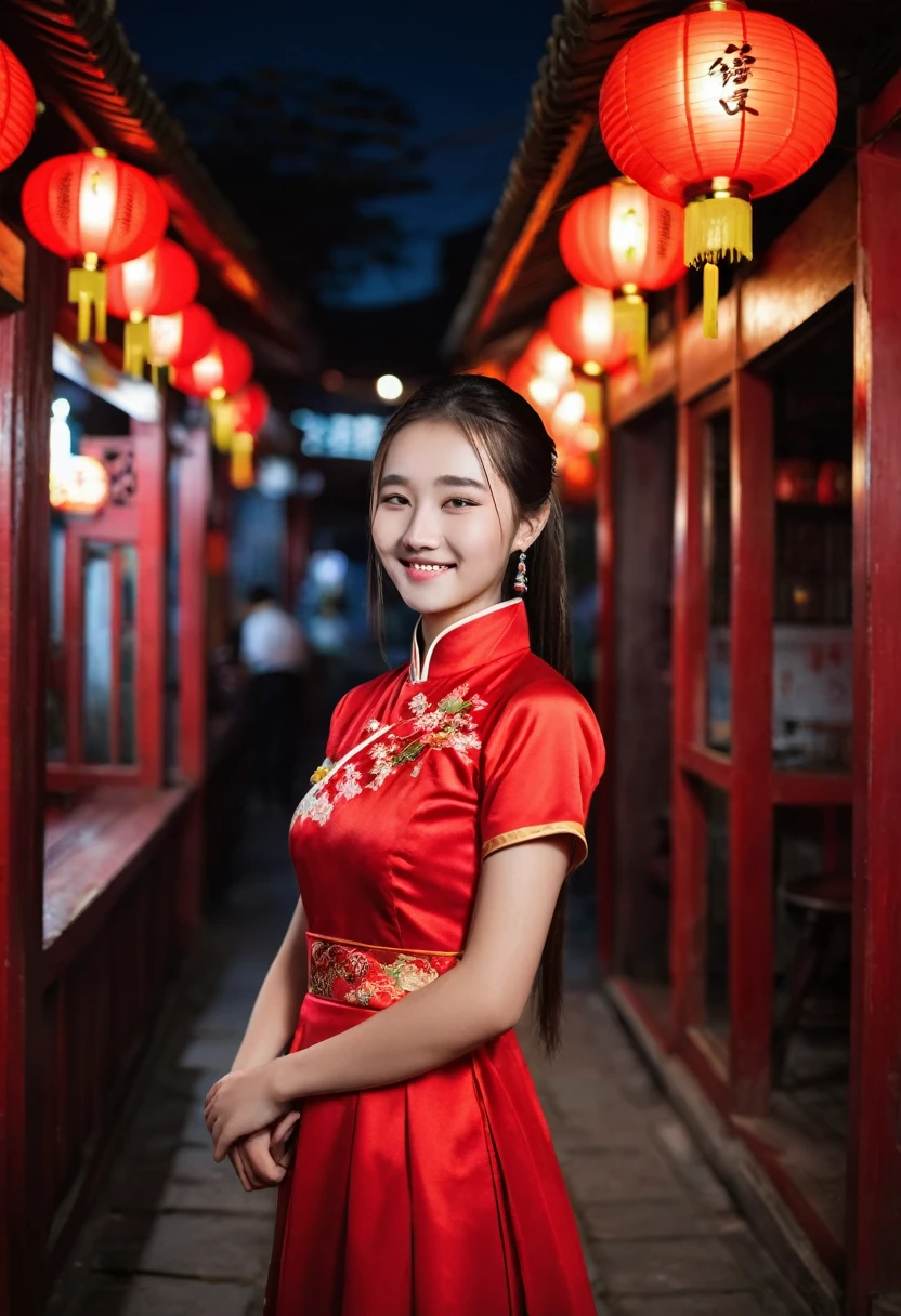 ((Beautiful)), young mandarin teen, softly smiling, looking downward, wearing traditional Chinese red dress, standing outside of a Chinese bar at night