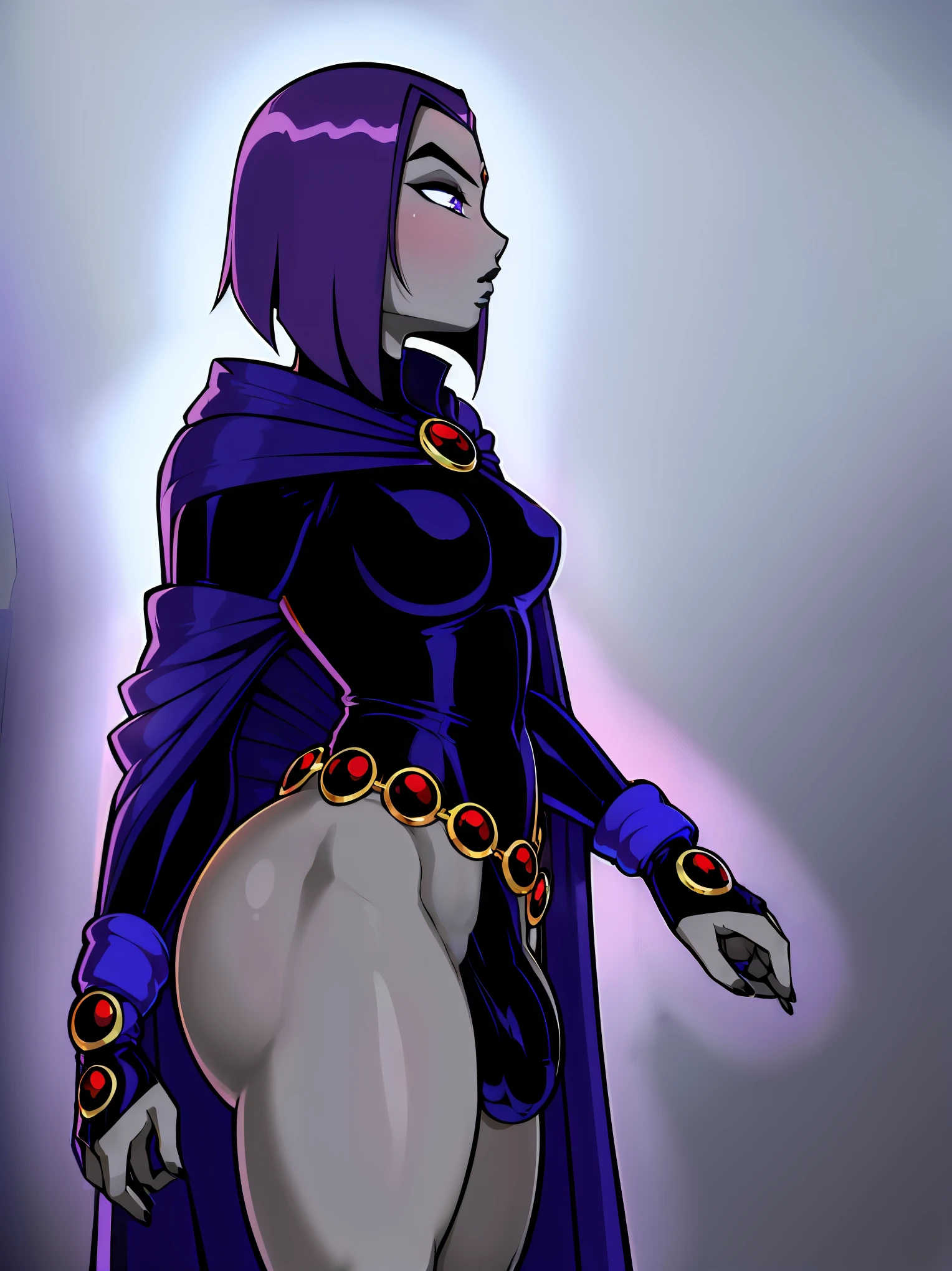 (solo:1.1),(masterpiece), (best quality:1.3), ultra detailed, intricate, professional art, digital art, absurdres, shadraven, (Full body view:1.1), 1girl, solo, (grey skin:1.4), dark purple hair, bob hair, purple eyes, hips wider than shoulders, pear shaped body, jewellery, detailed thighs, thick thighs, red jewel in forehead, jewels, (long sleeved turtleneck leotard:1.3), cuffs, small breasts, (shadraven cloak), (Shadraven broach:1.2), Shadraven jewel belt, Shadraven wearing a long sleeved leotard outside at night, long legs, ( long crotch bulge:1.4), large penis, large testicles, side angle view, looking at viewer, bubble butt , gluteal crease, universal lighting,,