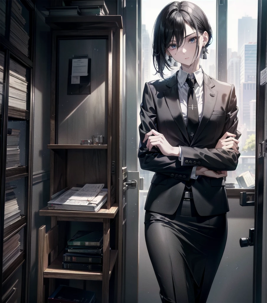 RAW photos, Extremely refined, masterpiece, best quality, Ultra-high resolution, 16K, Reality, Super detailed description, Pale skin, 20s, whole body, Moderate , Moderate hair, Black Hair, Tear mole, earrings, Business suit, Casual suits, Pencil Skirt, clavicle, shirt, tie,