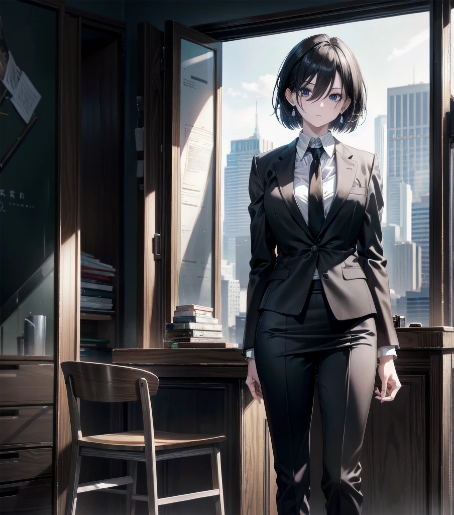 RAW photos, Extremely refined, masterpiece, best quality, Ultra-high resolution, 16K, Reality, Super detailed description, Pale skin, 20s, whole body, Moderate , Moderate hair, Black Hair, Tear mole, earrings, Business suit, Casual suits, Pencil Skirt, clavicle, shirt, tie,