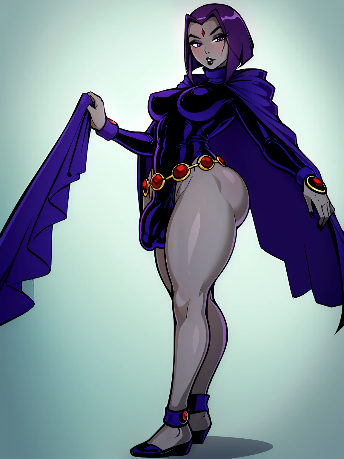 (solo:1.1),(masterpiece), (best quality:1.3), ultra detailed, intricate, professional art, digital art, absurdres, shadraven, (Full body view:1.1), 1girl, solo, (grey skin:1.4), dark purple hair, bob hair, purple eyes, hips wider than shoulders, pear shaped body, jewellery, detailed thighs, thick thighs, red jewel in forehead, jewels, (long sleeved turtleneck leotard:1.3), cuffs, small breasts, (shadraven cloak), (Shadraven broach:1.2), Shadraven jewel belt, Shadraven wearing a long sleeved leotard outside at night, long legs, ( long crotch bulge:1.4), large penis, large testicles, side angle view, looking at viewer, bubble butt , gluteal crease, universal lighting,,