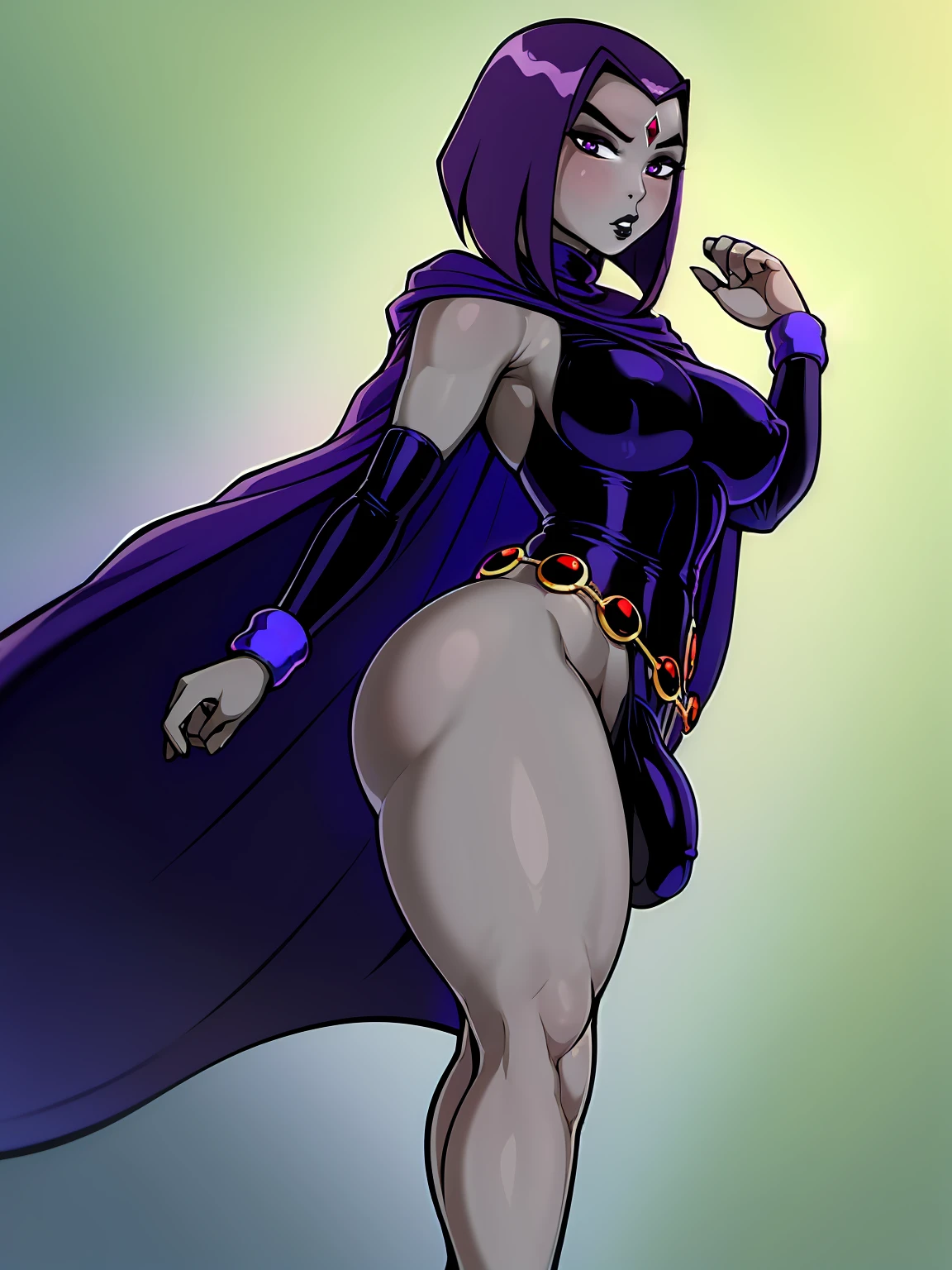 (solo:1.1),(masterpiece), (best quality:1.3), ultra detailed, intricate, professional art, digital art, absurdres, shadraven, (Full body view:1.1), 1girl, solo, (grey skin:1.4), dark purple hair, bob hair, purple eyes, hips wider than shoulders, pear shaped body, jewellery, detailed thighs, thick thighs, red jewel in forehead, jewels, (long sleeved turtleneck leotard:1.3), cuffs, small breasts, (shadraven cloak), (Shadraven broach:1.2), Shadraven jewel belt, Shadraven wearing a long sleeved leotard outside at night, long legs, ( long crotch bulge:1.4), large penis, large testicles, side angle view, looking at viewer, bubble butt , gluteal crease, universal lighting,,