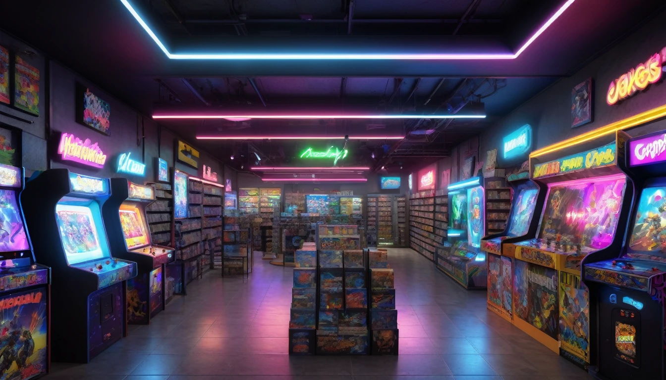 action figure aisle, a video game store, video game shop, shelves of video games, game consoles, neon signs, arcade machines, bright and vibrant lighting, detailed textures, realistic 3D rendering, hyper realistic, photorealistic, high resolution, best quality, 8k, masterpiece