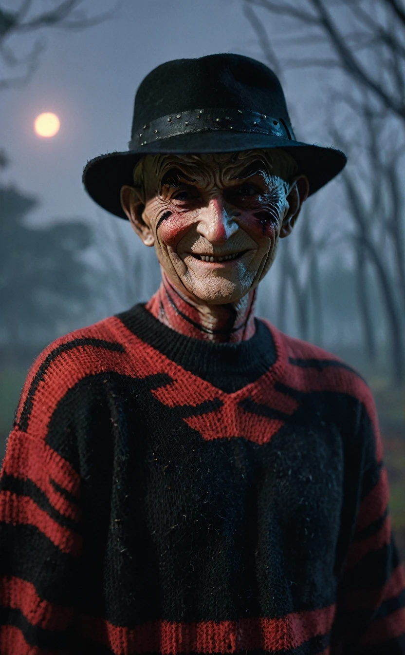 8k、Dark fantasy、Foggy night city、Ultra HD、Amazing image quality,4k、A Nightmare on Elm Street、Freddy Krueger、Wearing a hat、Burned Skin、Fearless smile,Red and black striped sweater、nails are long,Give the viewer a malicious look, Grabbing Viewer, For the viewer,Misty marshland background,Shallow depth of field, Vignette, Very detailed, High budget, Bokeh, CinemaScope, Sulky, amazing, nice, Film Grain, granular . Creepy, Anxious, dark, Creepyな, Suspenseful, strict, Very detailed