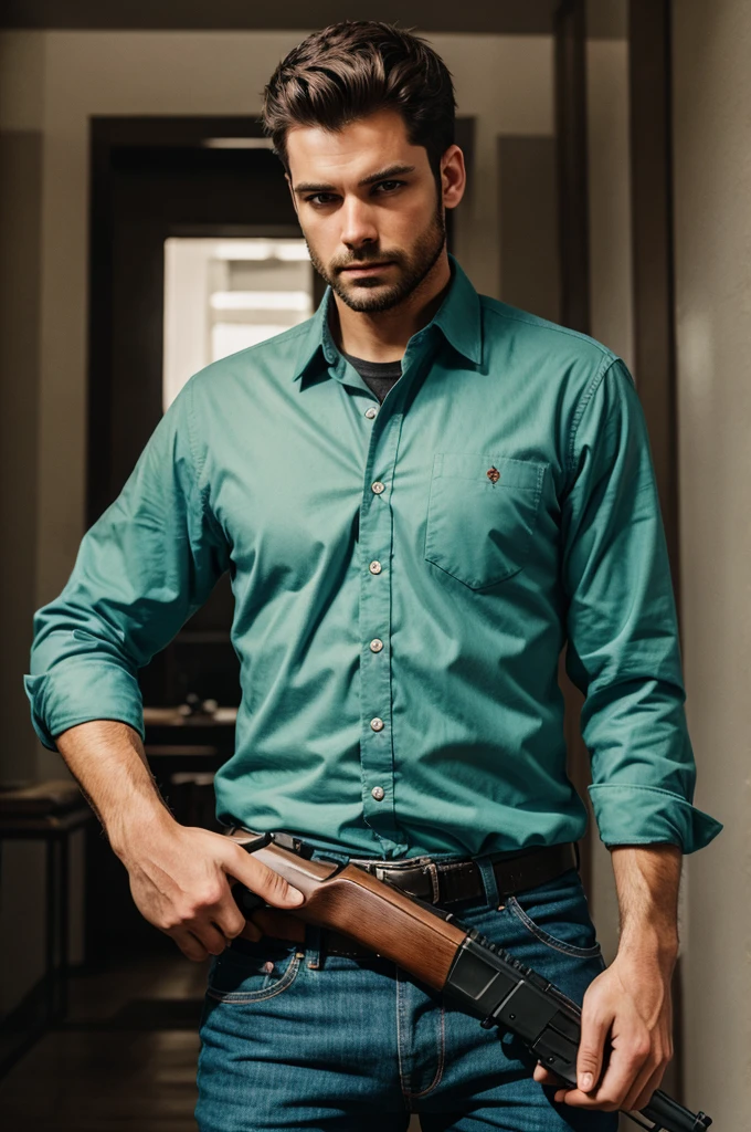 Man hold a gun in hand 
