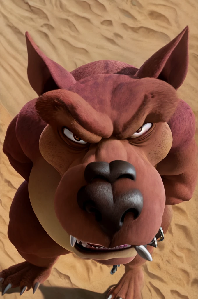 scrappyrex, solo anthro, male, collar only, angry bust portrait, desert background, high-angle view detailed realistic photorealism, overweight, fat
