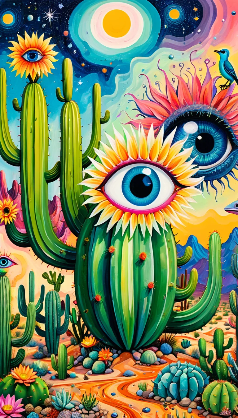 Children's graffiti,Thick coating，Concave and convex texture，Oil pastel strokes：In the vast desert，Artists from the stars，Planet Paradise，湖泊像Eye一样。Cactus house、flowesh、Tentacles、bird、(((Eye)))、diatom，Abstract mosaic painting，Describing the inner world of autistic people，Large area of white，interesting，Innocence，Vision，Psychedelic Art，Incorporating Picasso&#39;s artistic style：1.1
