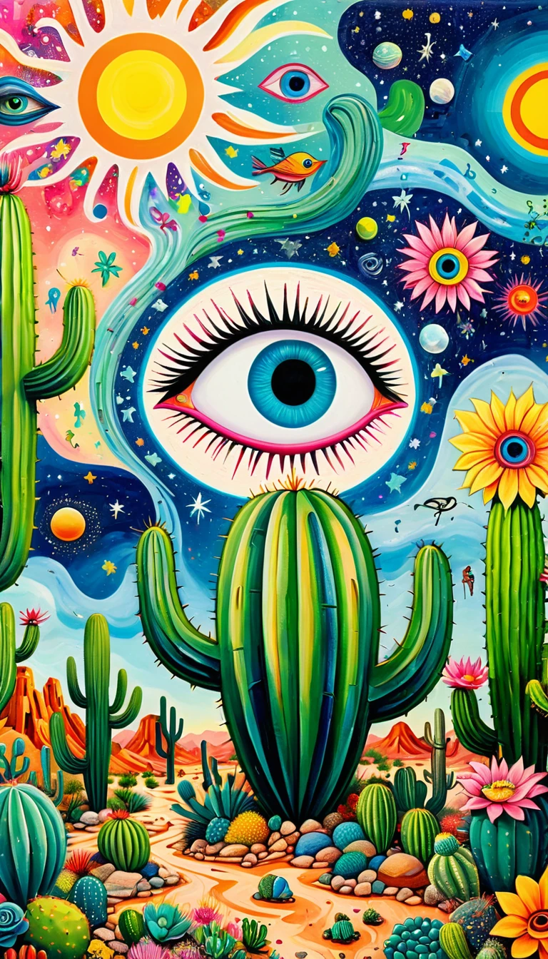 Children's graffiti,Thick coating，Concave and convex texture，Oil pastel strokes：In the vast desert，Artists from the stars，Planet Paradise，湖泊像Eye一样。Cactus house、flowesh、Tentacles、bird、(((Eye)))、diatom，Abstract mosaic painting，Describing the inner world of autistic people，Large area of white，interesting，Innocence，Vision，Psychedelic Art，Incorporating Picasso&#39;s artistic style：1.1
