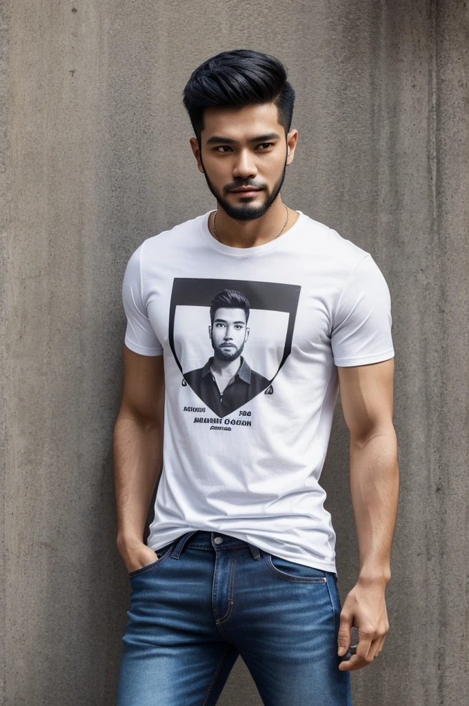 Realistic portrait of Mekh, a 26-year-old Thai male with a sharp, handsome face, short black hair, light beard, wearing modern fashion: graphic tee or stylish shirt, trendy jeans, and branded sneakers.