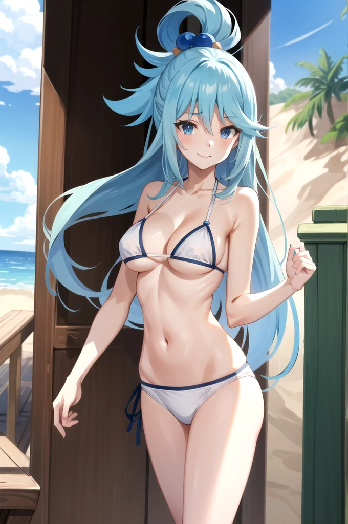 tall body, tall, long legs, female, maturet, EFT_Konsuba_Aqua, 1girl, aqua (konosuba), solo, long hair, smile, blue eyes, anime coloring, blue hair, hair rings, hair ornament, hair between eyes, 1girl, solo, breasts, loo_viewer, smile, large_breasts, cleavage, oulders, ne, standing, hands behind head, black underwear, from_below, breasts, large breasts, big breast breasts, big tant breasikini, bikini, whini, bare s, bare arms, beean, underboob, island background