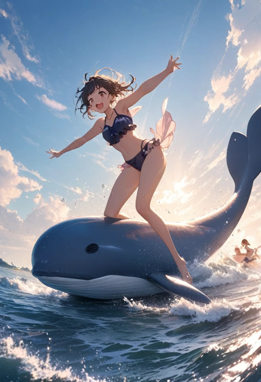 A cute lady wearing a swimsuit jumps in air through the waves while straddling on a whale-shaped float, Looking very happy, like flying, Very detailed, Dynamic action scenes