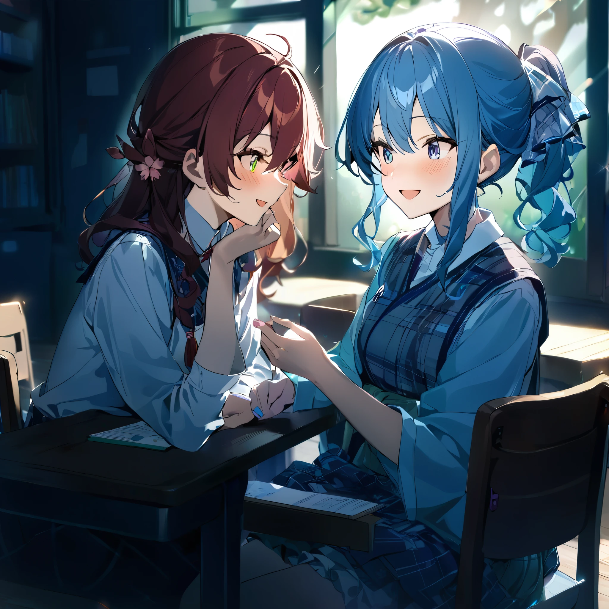 (((2girls))), together, two people, masterpiece, best quality, integrated scenery, integrated background, extremely delicate and beautiful, meticulous details, good composition, glowing eyes, beautiful eyes, cute face, perfect face, perfect hands, fingernails, sakura miko, SakuraMiko, HoshimachiSuisei, hoshimachi suisei, blurry background, sunlight, light blush, ((school)), upper body, looking each other, smile, sitting on chair, , (talking each other),in_school