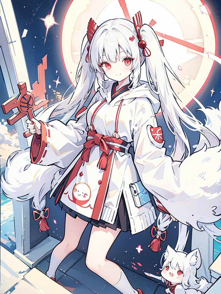 Cute as a dream、a pale、​masterpiece、top-quality、top-quality、watercolor paiting(Curly)、official art、Beautifully Aesthetic:1.2)、(a beauty girl:1.3)、patterns、(White hair, ((long hair)), colourful hair:1.2)、sparkles、colourfull,kawaii、pastels,Rainbows, (1 girl solo), pastel color,Fox ears and tail, lots of accessories, red eyes,undressed,young girl,woman,long hair,Lifting skirt up,warrior,happy,thighs,fox girl,Red and white dress,thick thighs,C cup breasts,grin
