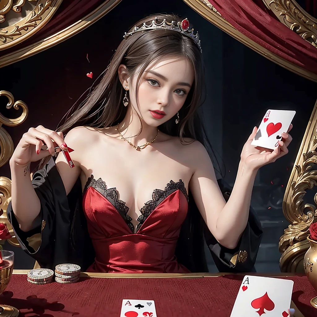 Create a hyperdetailed photorealistic macro image of a queen of hearts playing card lying on a card table. The queen is composed entirely of multiple tiny hearts. She looks contemporary, beautiful, and modern. She is portrayed as a temptress in a red silk dress surrounded by smokey red hearts and beckoning the viewer to enter the card with her finger emerging from the card in 3D along with red smoke. Add a red poker chip to the table.