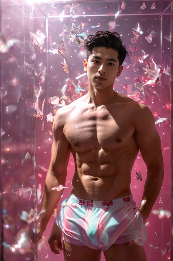 (8k, RAW Photos, Highest quality) masterpiece, 1 ager, 18-year-old, Asian Muscular Man Watching the Viewer, Stand in front, Exposing his huge muscular chest, Puffy nipples, Sexy Six Pack, Tight waist, good looking, topless, Thick body hair, A man wearing thong underwear , Gradient Background, Shine & Sequin Backdrops , Cinema Lighting, Ultra-high resolution