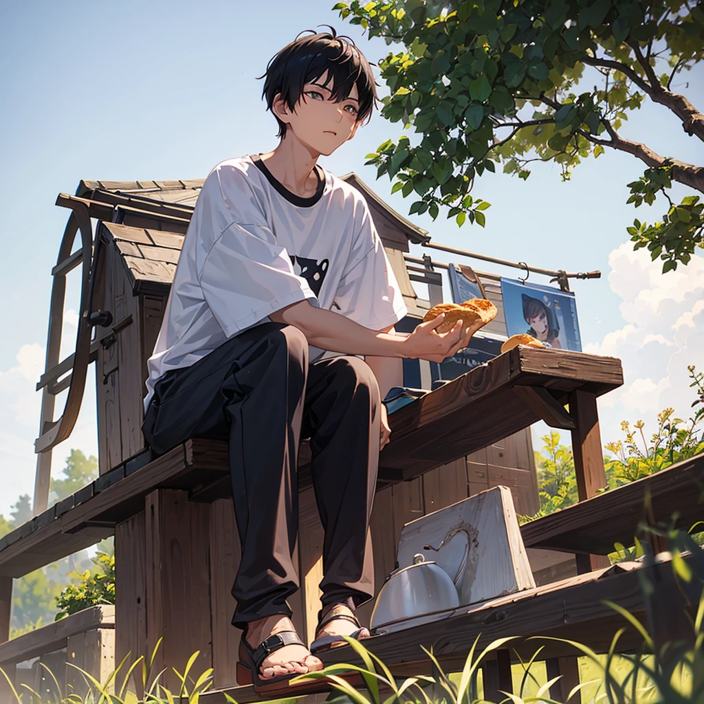 18 year old boy, slim black haired, smooth and very short, going to the back of your neck, typical asian, bowl hair. Big, dark, wide eyes. Your mouth half open. Your face is full and slightly pointed. The boy is in a relaxed pose sitting on a bench with a surprised expression. He is holding a piece of bread that has a bitten off slice. He is chewing a slice of bread. Background, a typical countryside landscape that is a little blurred, since the attention is on him. He was caught off guard by the camera, so your cheeks are a little flushed. He wears a dark short that goes up to his knees and a white t-shirt.
