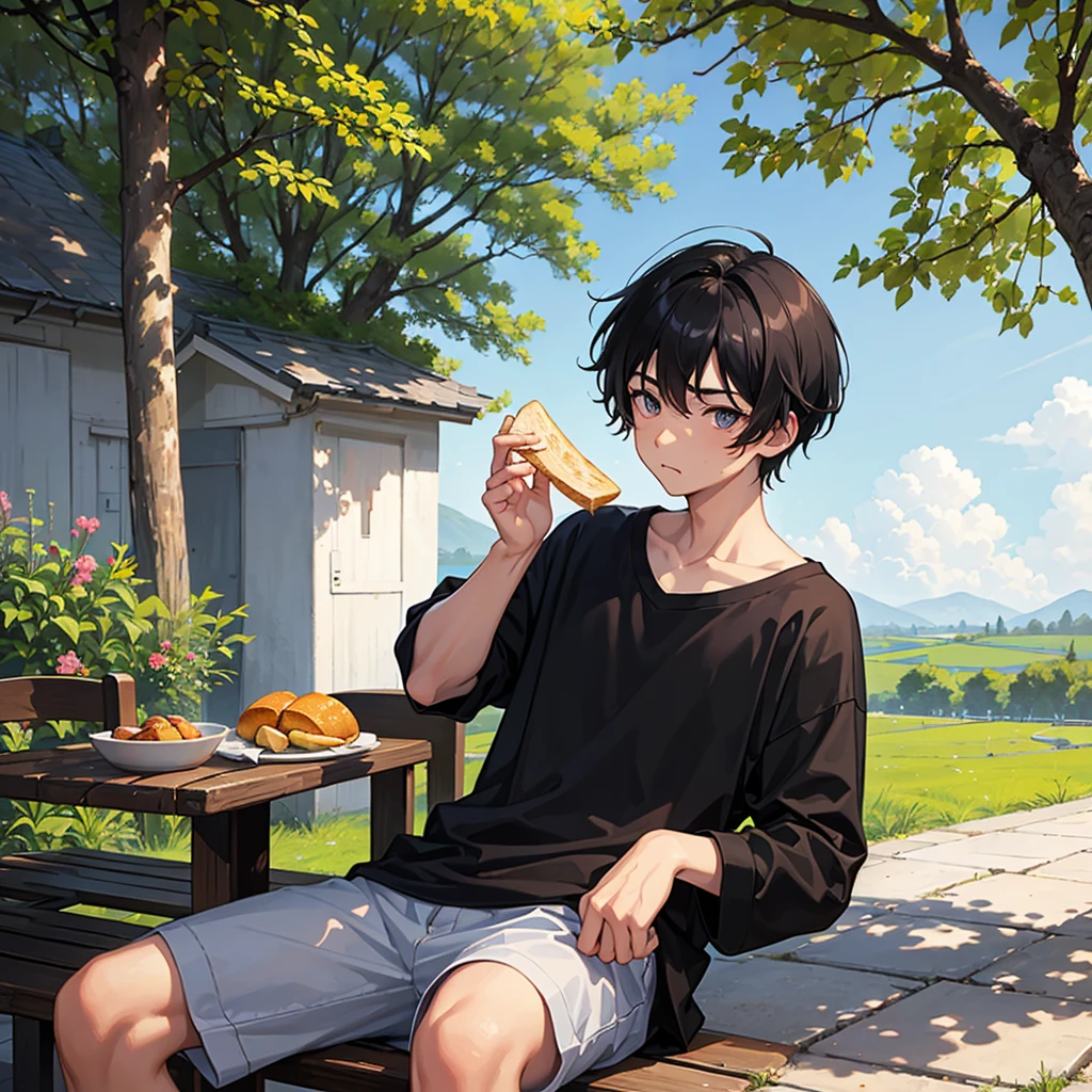 18 year old boy, slim black haired, smooth and very short, going to the back of your neck, typical asian, bowl hair. Big, dark, wide eyes. Your mouth half open. Your face is full and slightly pointed. The boy is in a relaxed pose sitting on a bench with a surprised expression. He is holding a piece of bread that has a bitten off slice. He is chewing a slice of bread. Background, a typical countryside landscape that is a little blurred, since the attention is on him. He was caught off guard by the camera, so your cheeks are a little flushed. He wears a dark short that goes up to his knees and a white t-shirt.