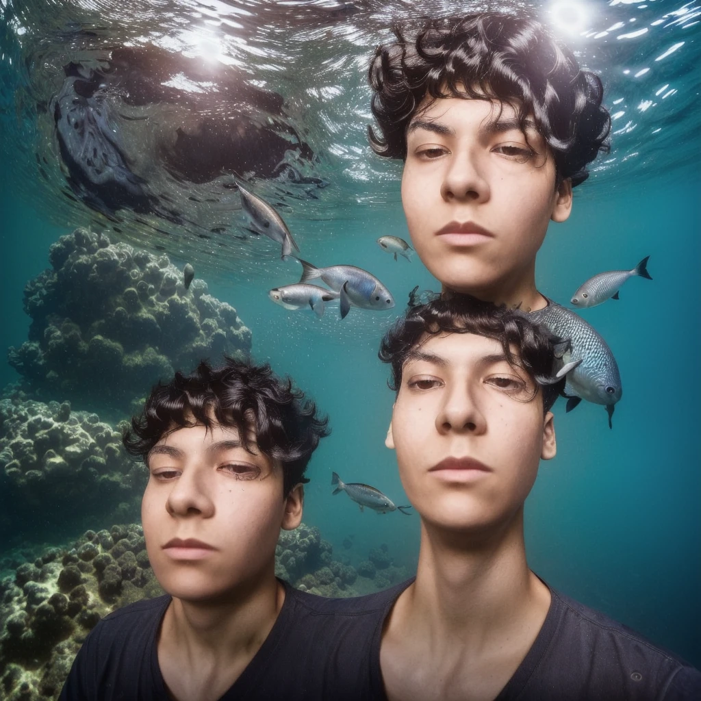 ((masterpiece of cpzrinn)), ((best quality)), (super detail: 1.2), (High definition: 1.3), (Professional photography: 1.2), (cinematic lighting), ( looking at another), ahoge, (smug), (ultra detailed), (selfie pose), 1boy, ((in the sea)), (surrounded by beautiful fish), colorful bubble, marine nature, perfect environment, brightness, (sharp focus), (perfect light),