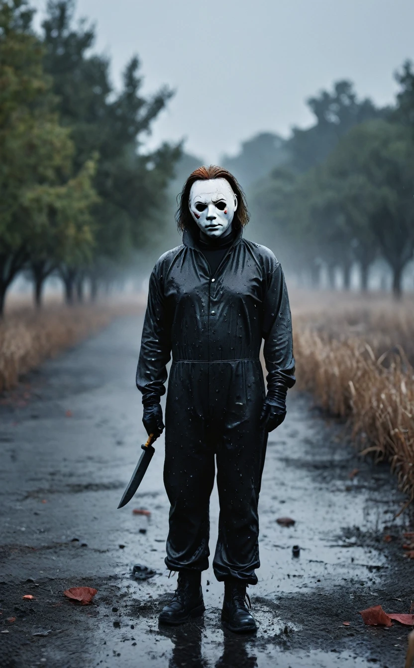 8k、Dark fantasy、City of Halloween、Ultra HD、Amazing image quality,4k、boogeyman、Michael Myers、Black jumpsuit、White Mask、Knife、blood droplets、Full Body Shot,Give the viewer a malicious look, Grabbing Viewer, For the viewer,Misty marshland background,Shallow depth of field, Vignette, Very detailed, High budget, Bokeh, CinemaScope, Sulky, amazing, nice, Film Grain, granular . Creepy, Anxious, dark, Creepyな, Suspenseful, strict, Very detailed