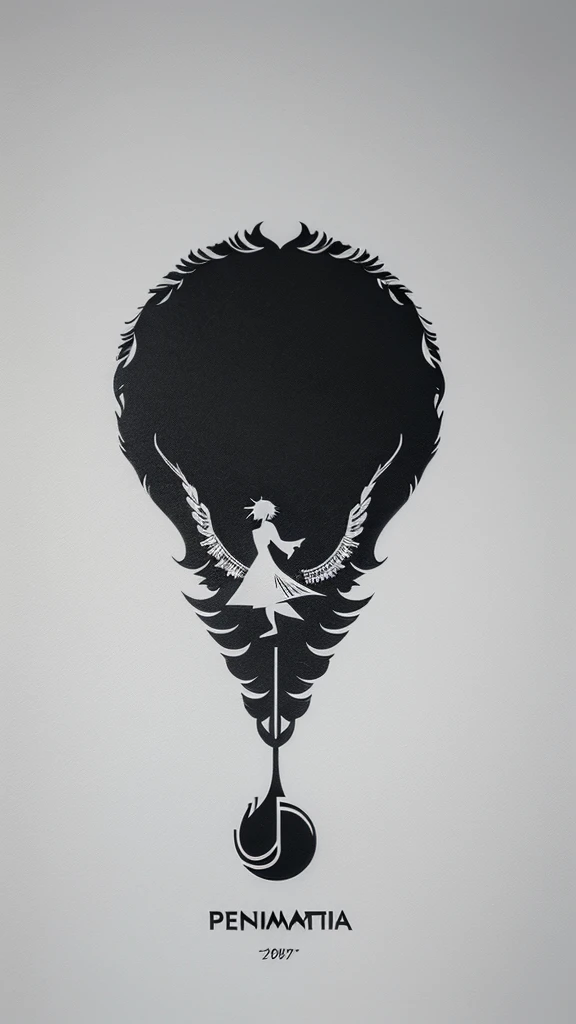 A minimal, modern, simple, cinematic logotype for the brand “Penamemoria". The logotype must be a simple, magical feather and a boy playing acoustic guitar. The logo must convey a sense of music, stories and dreams. Logo design impressed on a book cover. Minimalistic logo