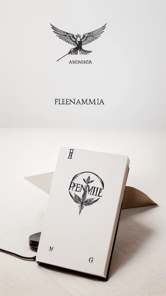 A minimal, modern, simple, cinematic logotype for the brand “Penamemoria". The logotype must be a simple, magical feather and a boy playing acoustic guitar. The logo must convey a sense of music, stories and dreams. Logo design impressed on a book cover. Minimalistic logo