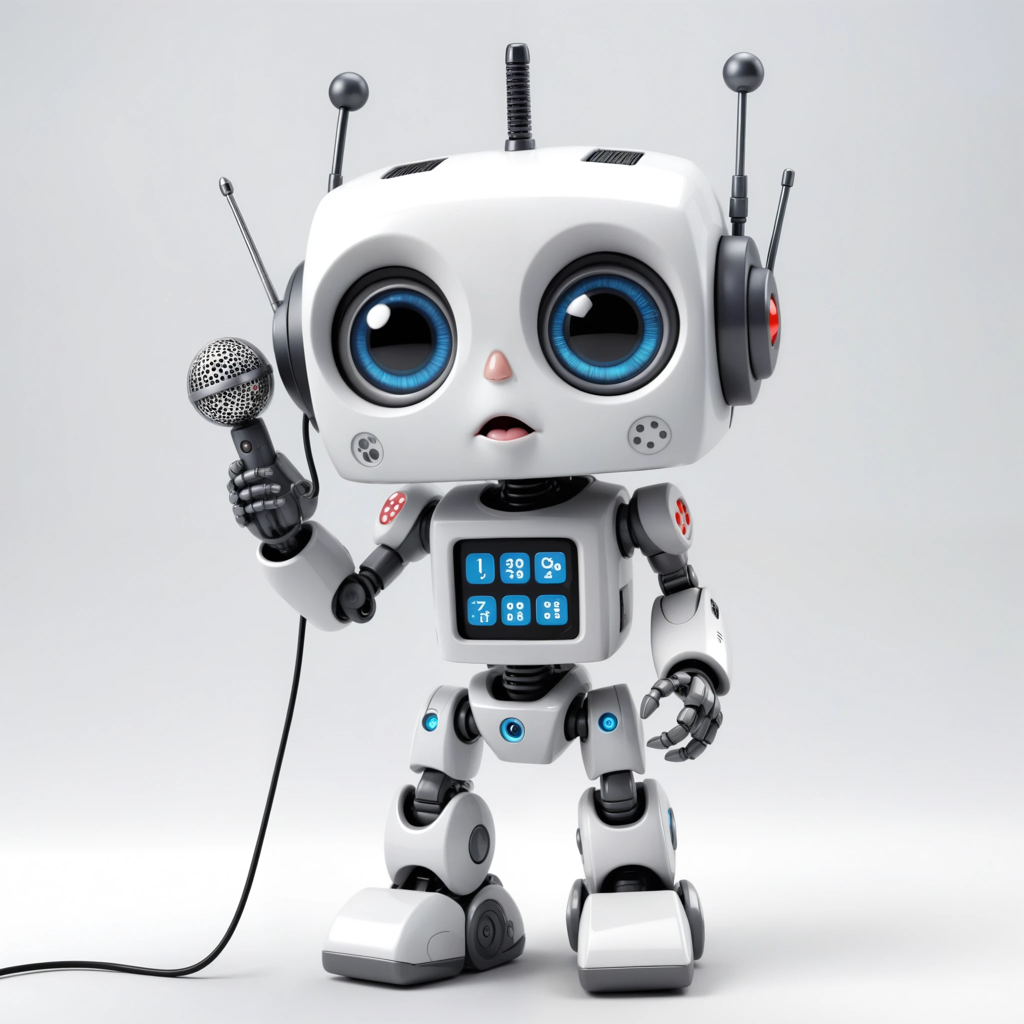 「Lost in the digital world」、A cartoon-style robot with a dice motif,A cute robot、Big eyes,antenna,Blinking、Electronic display panel on chest、Holding the microphone close to your mouth、whole body、Background is white、Mouth closed