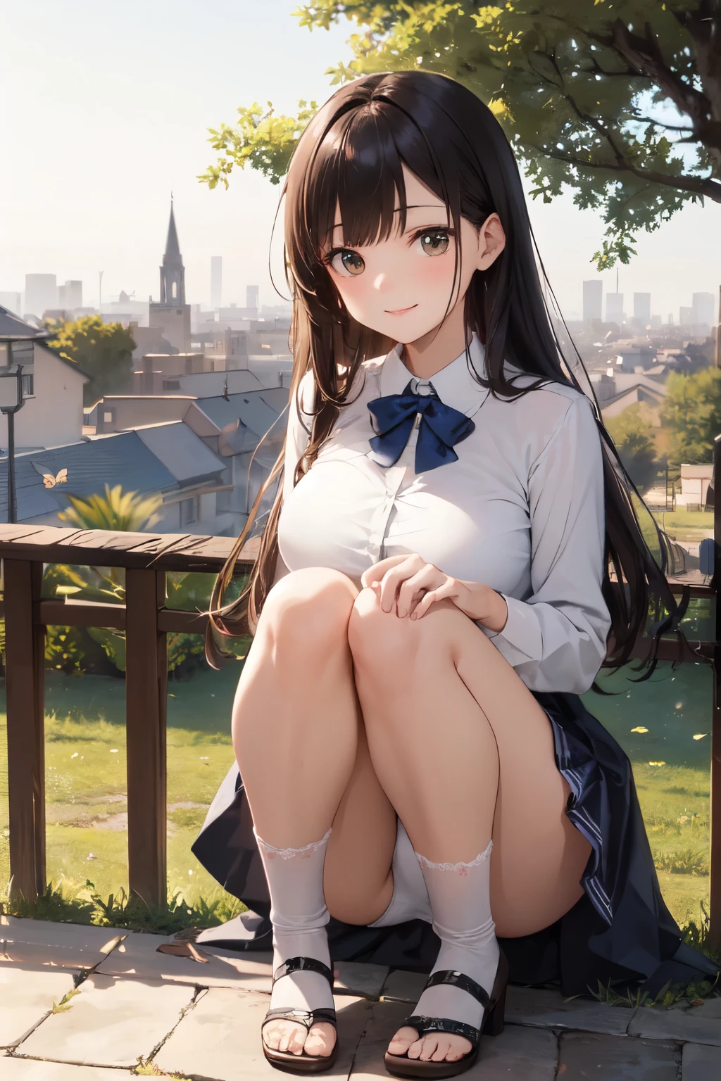 very cute and beautiful girl,(Very detailed美しい顔), (smile),blush,Black Hair,Seraphim,(White Shirt、Pleated navy blue pread your legs、Squat)、Sitting、(From below)、(Lacy white panties), Country road、Distant Tree々and the city, (Highest quality,masterpiece:1.0),Absurd,High resolution,Super detailed,Very detailed,32K,8k resolution, Intricate details,Movie Scenes,Detailed Background,alone,Dynamic Angle,