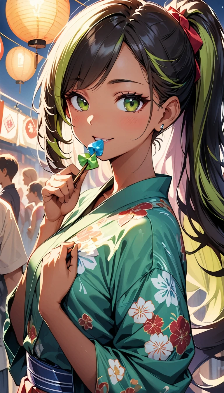 (highest quality:1.2, Very detailed, up to date, Vibrant, Ultra-high resolution, High Contrast, masterpiece:1.2, highest quality, Best aesthetics), Portraiture、girl、((25 years old:1.5)), (slim:1), 25 years old, (japanese traditional yukata), floral pattern yukata, eating stick candy, summer festival, bon dancee, Bright colors、Beautiful fine details、Beautiful lip detail、long hair、ponytail, white and yellow green ((streaked hair:1.6)), highlights hair: 1.5, (small breast,:1) (tan skin:1.1), cowboy shot, look at viewer