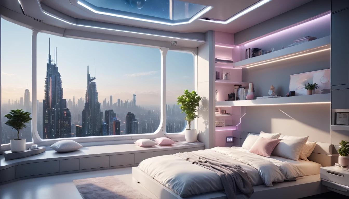 There is one glass wall.、Overlooking the high-tech, high-rise city、Science High Tech Bedroom Interior Design, Shelves lined with books, Floating Nightstand, Windowsill with pillows, Plant Couple, Inside the Penthouse, Pastel and grey color palette, (Spaceship Style), Soft diffused light in the early morning, Ultra-wide shot, Cinematic, exquisite composition and lighting, Minimal, Exquisitely crafted, Rich Shadows, 3D Rendering, Highest quality, 最High resolution, 8K Ultra HD, High resolution, 35mm