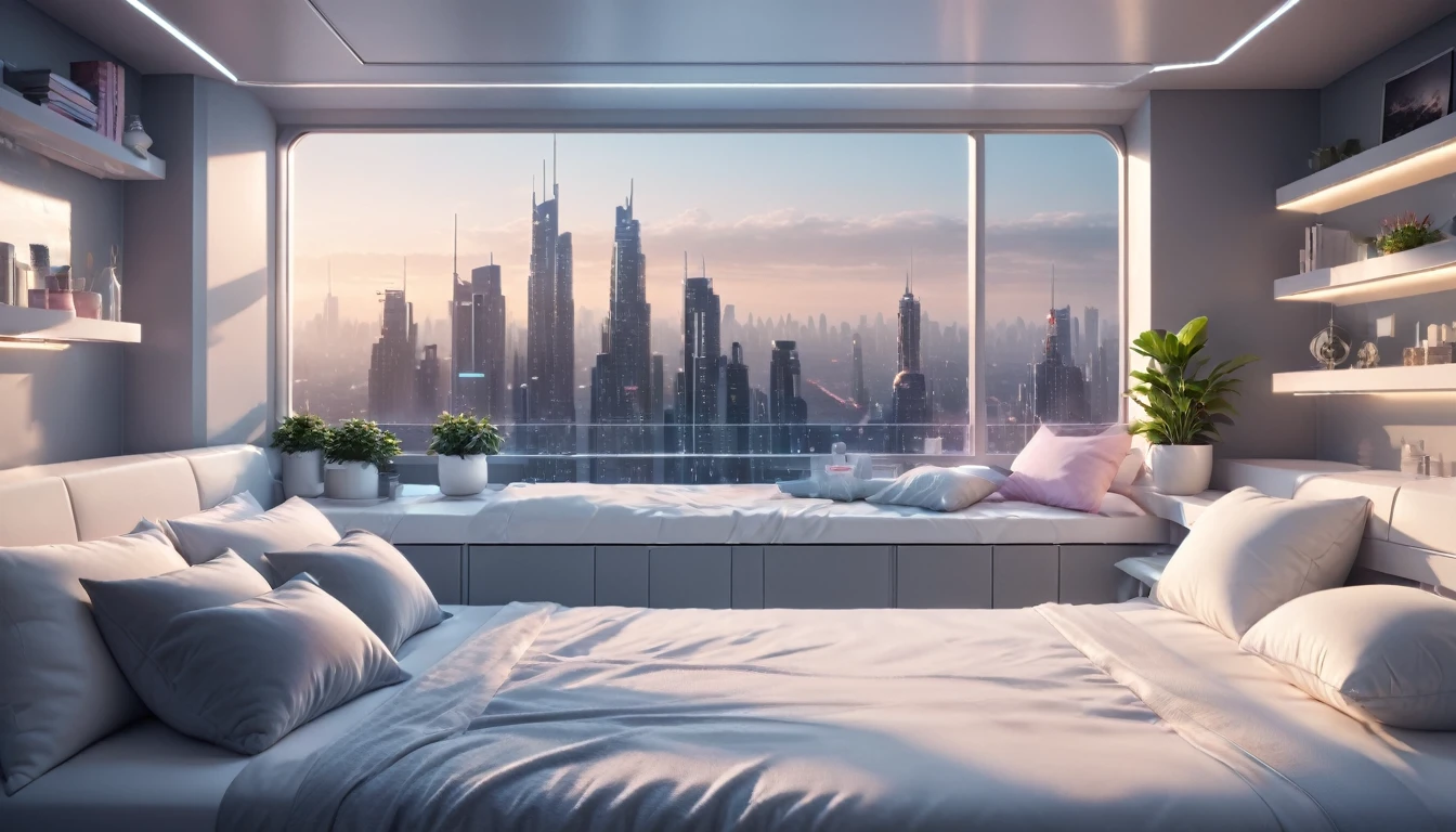 There is one glass wall.、Overlooking the high-tech, high-rise city、Science High Tech Bedroom Interior Design, Shelves lined with books, Floating Nightstand, Windowsill with pillows, Plant Couple, Inside the Penthouse, Pastel and grey color palette, (Spaceship Style), Soft diffused light in the early morning, Ultra-wide shot, Cinematic, exquisite composition and lighting, Minimal, Exquisitely crafted, Rich Shadows, 3D Rendering, Highest quality, 最High resolution, 8K Ultra HD, High resolution, 35mm