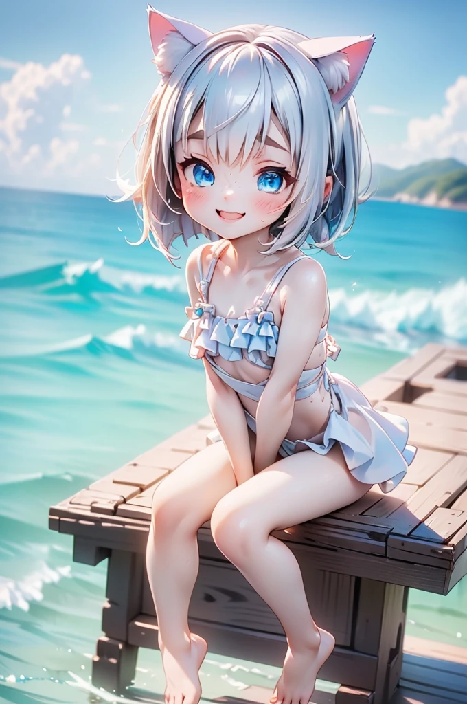 (((best quality)), ((masterpiece)), (details), masterpiece, best quality, high quality, ulutra detailed, perfect face, ((1girl, Blue eyes, cat ears: 1.3 silver bob hair: 2.5,)) 、Shiny Hair、Glowing Skin、blush、Lustful look、Side Angle、Ocean岸、Ocean、evening、Sitting on the shore、Put your face on your knees、View here、One-piece swimsuit with frills、barefoot、smile