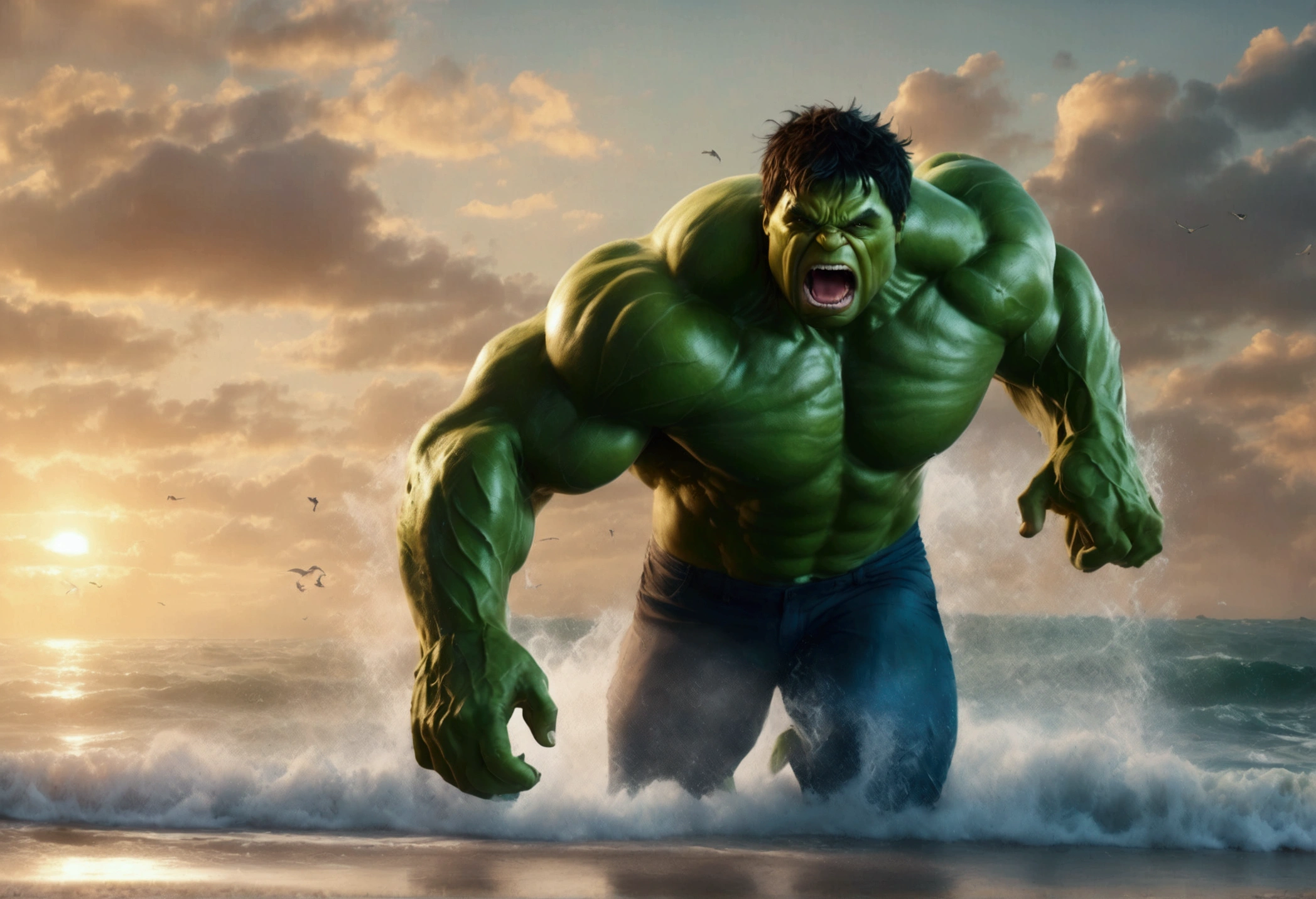 A muscular green humanoid figure, The Incredible Hulk, standing on a beach, has just thrown a massive whale back towards the ocean, the whale mid-air with huge eyes and an open shocked mouth, comical scene, (best quality,4k,8k,highres,masterpiece:1.2),ultra-detailed,(realistic,photorealistic,photo-realistic:1.37),hyperrealistic,3D render,dramatic lighting,vibrant colors,action pose,ocean background,beach setting