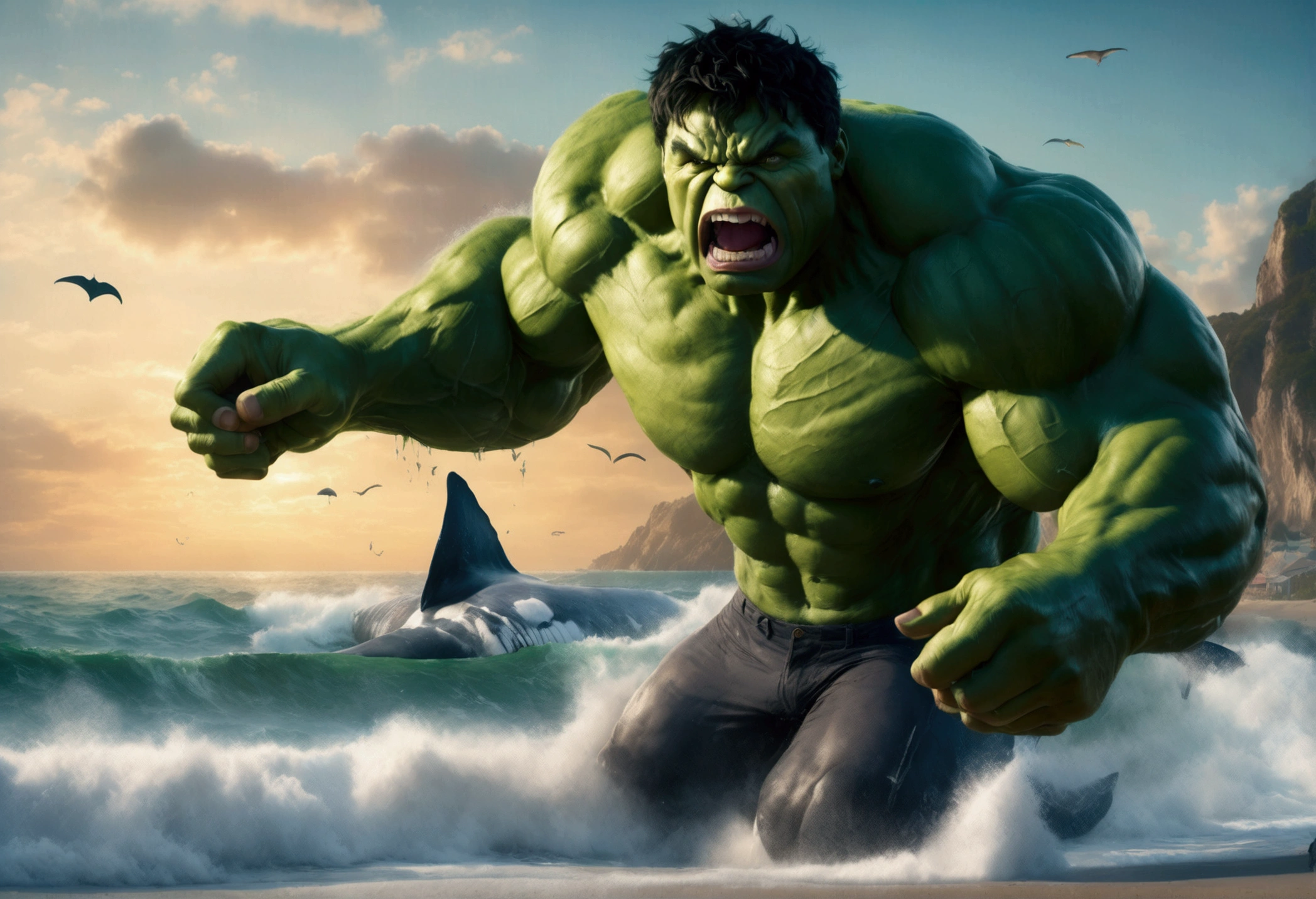 A muscular green humanoid figure, The Incredible Hulk, standing on a beach, has just thrown a massive whale back towards the ocean, the whale mid-air with huge eyes and an open shocked mouth, comical scene, (best quality,4k,8k,highres,masterpiece:1.2),ultra-detailed,(realistic,photorealistic,photo-realistic:1.37),hyperrealistic,3D render,dramatic lighting,vibrant colors,action pose,ocean background,beach setting
