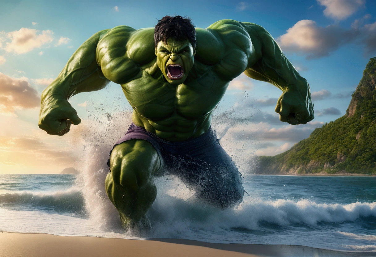 A muscular green humanoid figure, The Incredible Hulk, standing on a beach, has just thrown a massive whale back towards the ocean, the whale mid-air with huge eyes and an open shocked mouth, comical scene, (best quality,4k,8k,highres,masterpiece:1.2),ultra-detailed,(realistic,photorealistic,photo-realistic:1.37),hyperrealistic,3D render,dramatic lighting,vibrant colors,action pose,ocean background,beach setting