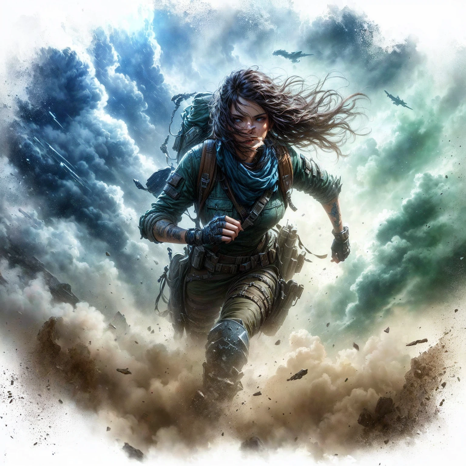 a painting of a woman with a backpack running through a storm, blowing hair, postapocalyptic explorer, epic digital art illustration, epic full color illustration, epic fantasy digital art style, inspired by Ryan Barger, epic character art, epic digital painting, post - apocalyptic scavenger, epic scifi character art, roleplaying game art, epic exquisite character art, epic fantasy sci fi illustration