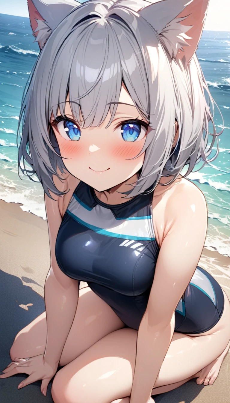(((best quality)), ((masterpiece)), (details), masterpiece, best quality, high quality, ulutra detailed, perfect face, ((1girl, Blue eyes, cat ears: 1.3 silver bob hair: 2.5,)) 、Shiny Hair、Glowing Skin、blush、Lustful look、Side Angle、Ocean岸、Ocean、evening、Sitting on the shore、Put your face on your knees、View here、One-piece swimsuit with frills、barefoot、smile