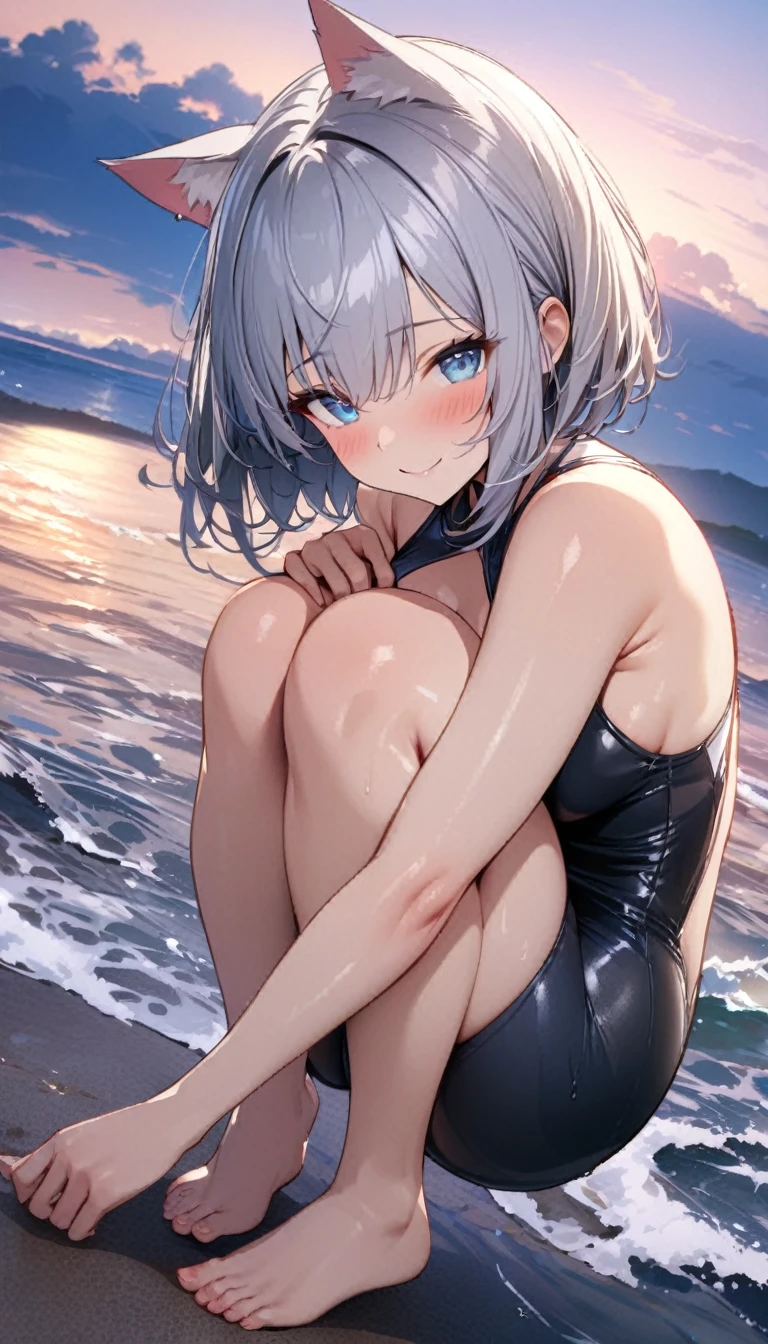 (((best quality)), ((masterpiece)), (details), masterpiece, best quality, high quality, ulutra detailed, perfect face, ((1girl, Blue eyes, cat ears: 1.3 silver bob hair: 2.5,)) 、Shiny Hair、Glowing Skin、blush、Lustful look、Side Angle、Ocean岸、Ocean、evening、Sitting on the shore、Put your face on your knees、View here、One-piece swimsuit with frills、barefoot、smile