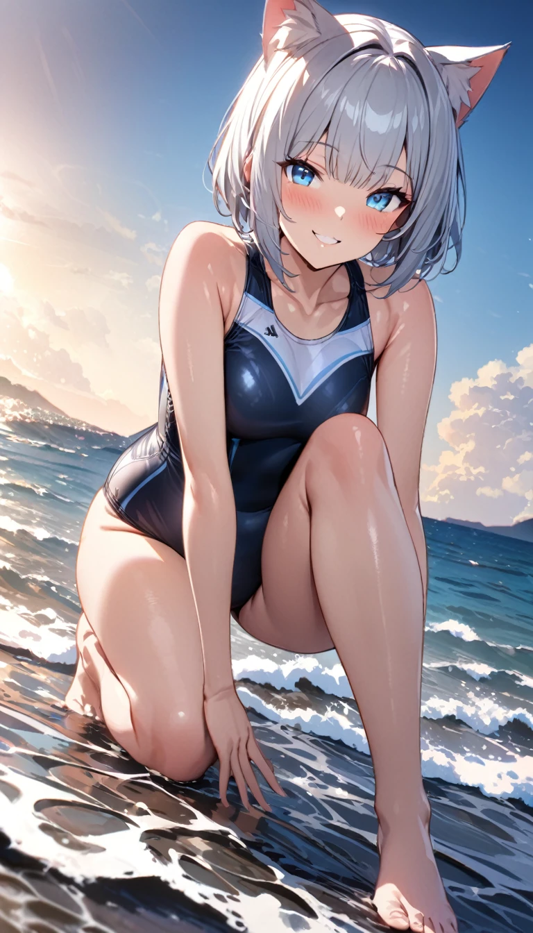 (((best quality)), ((masterpiece)), (details), masterpiece, best quality, high quality, ulutra detailed, perfect face, ((1girl, Blue eyes, cat ears: 1.3 silver bob hair: 2.5,)) 、Shiny Hair、Glowing Skin、blush、Lustful look、Side Angle、Ocean岸、Ocean、evening、Sitting on the shore、Put your face on your knees、View here、One-piece swimsuit with frills、barefoot、smile