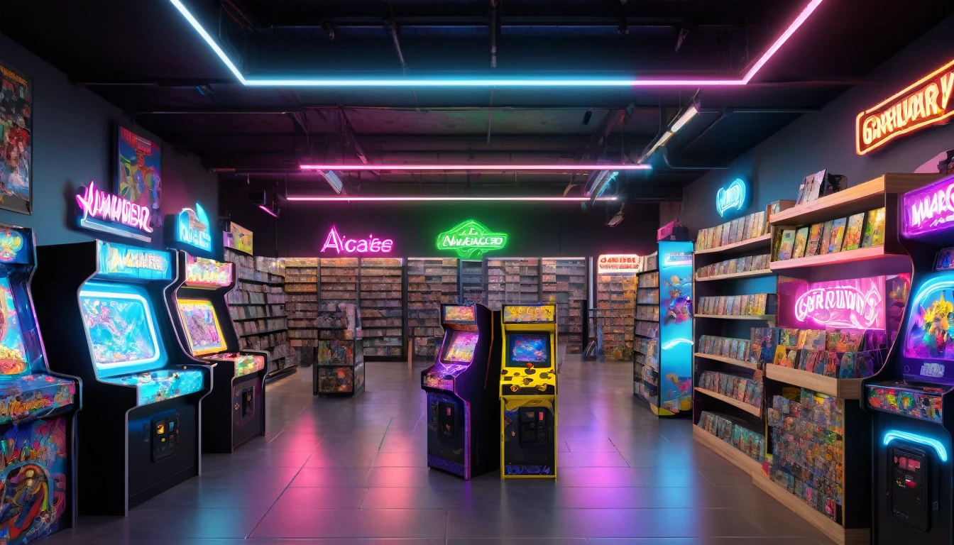 action figure aisle, a video game store, video game shop, shelves of video games, game consoles, neon signs, arcade machines, bright and vibrant lighting, detailed textures, realistic 3D rendering, hyper realistic, photorealistic, high resolution, best quality, 8k, masterpiece