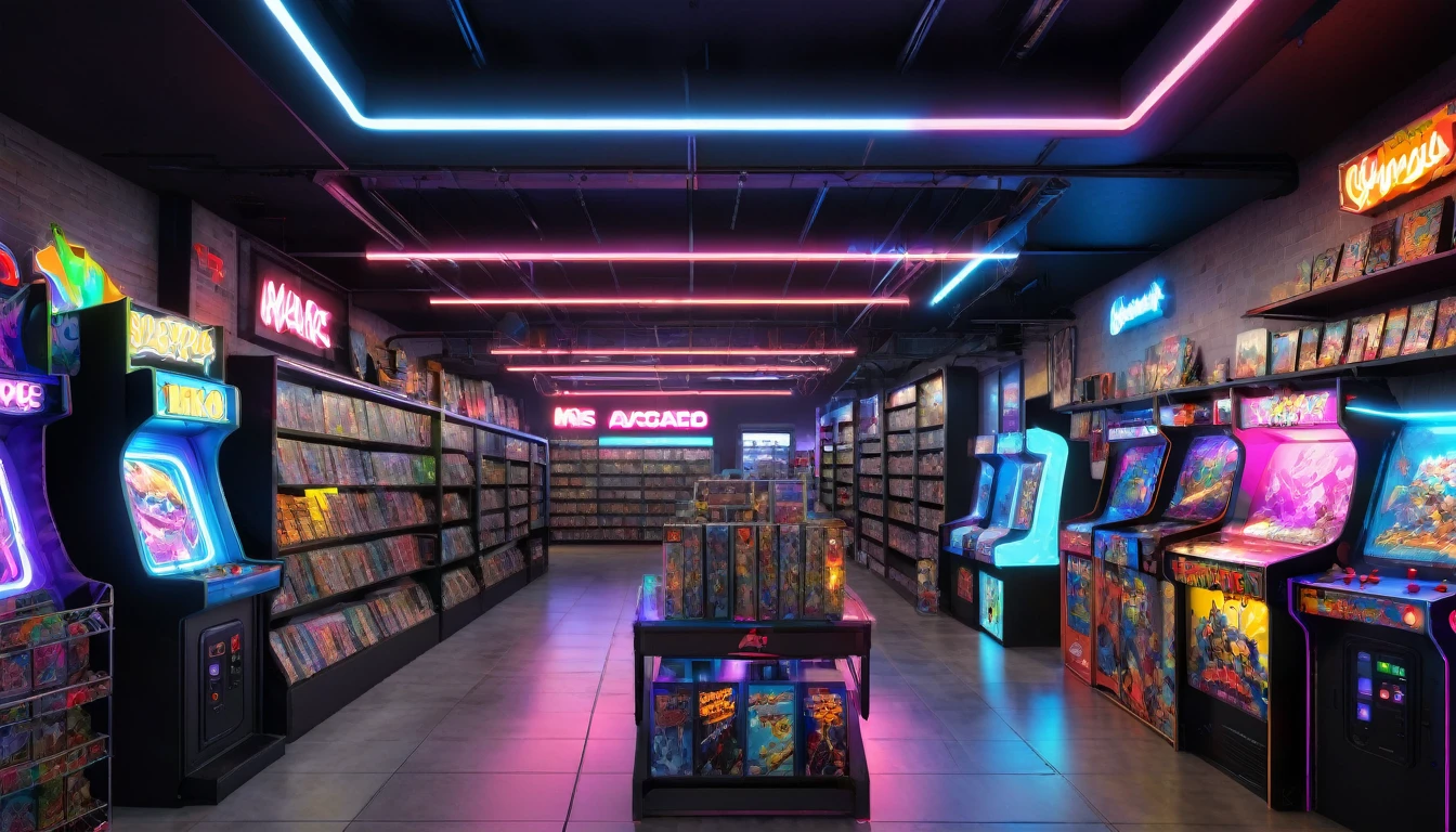 action figure aisle, a video game store, video game shop, shelves of video games, game consoles, neon signs, arcade machines, bright and vibrant lighting, detailed textures, realistic 3D rendering, hyper realistic, photorealistic, high resolution, best quality, 8k, masterpiece