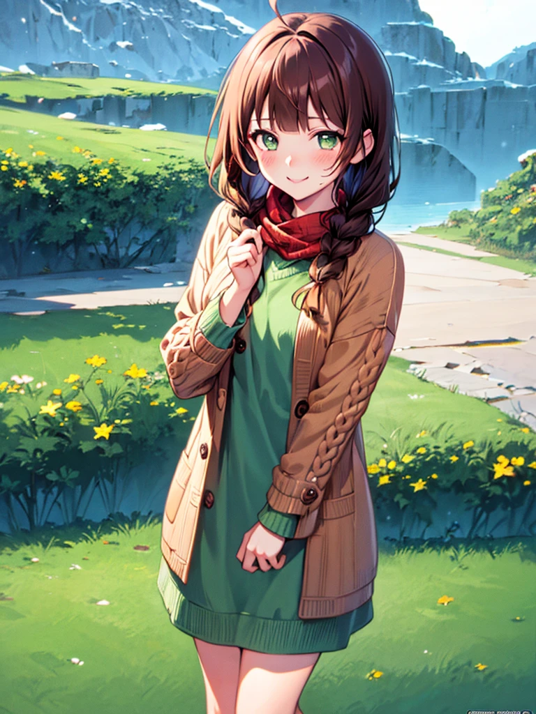 {{{{masterpiece}}}}, {{{hyper detailed}}}, {{{highres}}}, {{good anatomy}}, (((best quality))), ((anime style,anime charater)),(((green eyes,brown hair))),natural landscape ,big perfect eyes,(((winter sweater))), red sweater, hairclip, {8k cg wallpaper}, {{illustration,upper shot}},((blunt bangs|middle hair|)),smile,(1girl:1), solo, (chromatic aberration:1.2), little shy smile,cheery blush face,neat face,