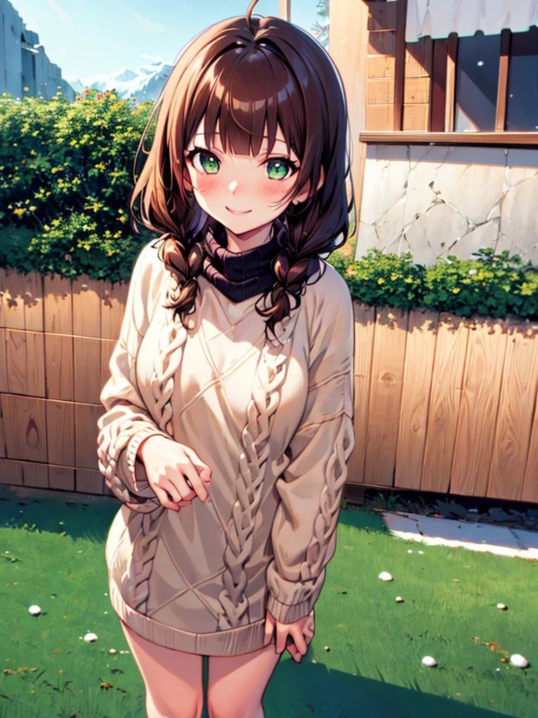 {{{{masterpiece}}}}, {{{hyper detailed}}}, {{{highres}}}, {{good anatomy}}, (((best quality))), ((anime style,anime charater)),(((green eyes,brown hair))),natural landscape ,big perfect eyes,(((winter sweater))), red sweater, hairclip, {8k cg wallpaper}, {{illustration,upper shot}},((blunt bangs|middle hair|)),smile,(1girl:1), solo, (chromatic aberration:1.2), little shy smile,cheery blush face,neat face,