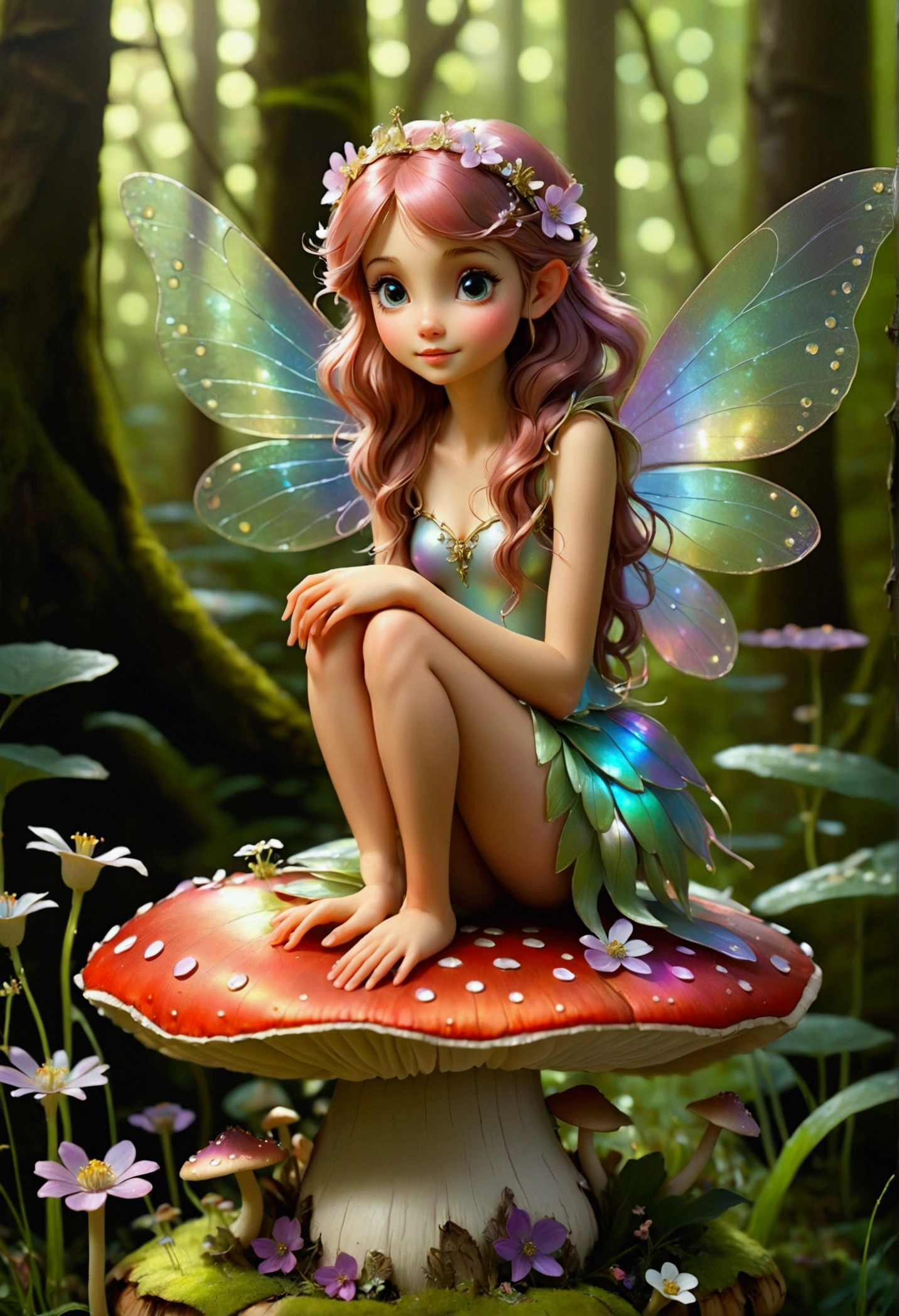 A beautiful fairy with shimmering iridescent wings, perched atop a toadstool in a magical forest, her hair adorned with tiny flowers.