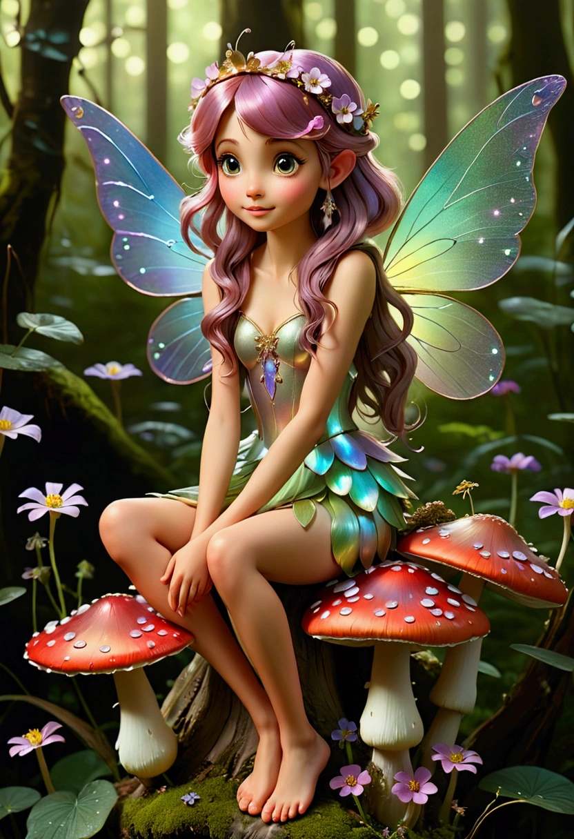 A beautiful fairy with shimmering iridescent wings, perched atop a toadstool in a magical forest, her hair adorned with tiny flowers.