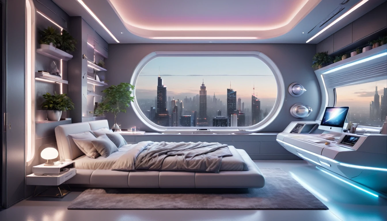 There is one glass wall.、Overlooking High Tech, high-rise city、science high tech bedroom interior design, Shelves lined with books, Floating Nightstand, Windowsill with pillows, Plant Couple, Inside the penthouse, Pastel and grey color palette, (Spaceship Style), Soft, diffused light in the early morning, Ultra-wide shot, Cinematic, exquisite composition and lighting, minimum, Exquisitely crafted, Rich Shadows, 3D Rendering, Highest quality, 最High resolution, 8K Ultra HD, High resolution, 35mm