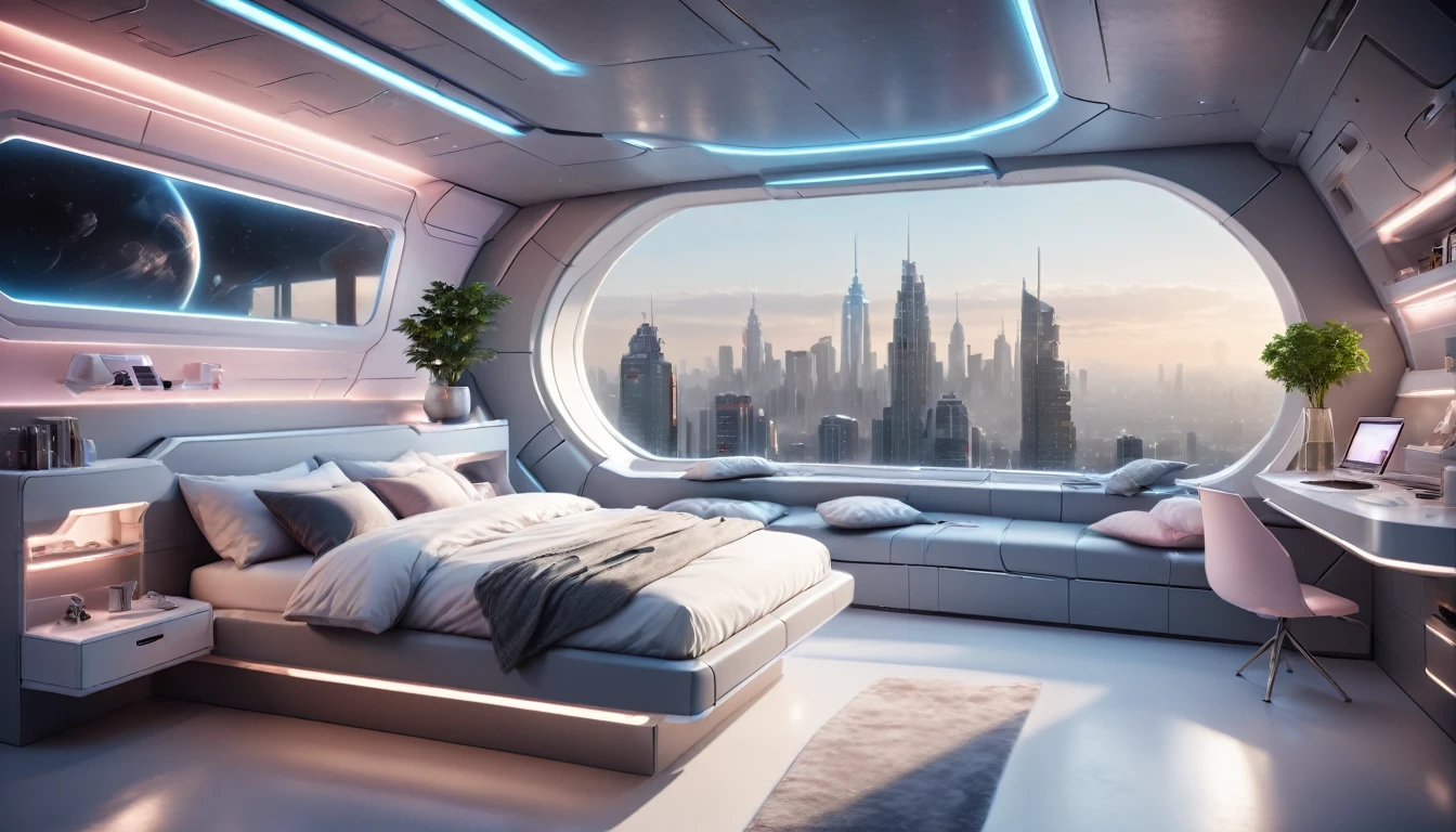 There is one glass wall.、Overlooking High Tech, high-rise city、science high tech bedroom interior design, Shelves lined with books, Floating Nightstand, Windowsill with pillows, Plant Couple, Inside the penthouse, Pastel and grey color palette, (Spaceship Style), Soft, diffused light in the early morning, Ultra-wide shot, Cinematic, exquisite composition and lighting, minimum, Exquisitely crafted, Rich Shadows, 3D Rendering, Highest quality, 最High resolution, 8K Ultra HD, High resolution, 35mm