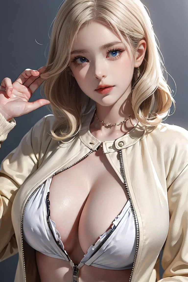 ((( Spanish Curly Hair ))),((((masterpiece, Highest quality, High resolution)))), Very detailed16K, スリムな体を持つsexyな美しい21歳の日本人の女の子, (Ultra HD, Very detailed, Very detailed, Very realistic, Ultra-realistic, Photo Real), (One girl:1.5), (Light blonde hair:1.2), (Dynamic pose), To the camera, A light smile, (Huge shiny breasts, Glowing Skin: 1.2), (Beautifully detailed face, Beautiful and delicate brown eyes), (Shiny white long captain cotton jacket, The zipper on the chest is wide open and won't close, Black see-through lace bra, Shiny black cotton pants:1.5), (Pink nipples are visible:1.2), Shine, Sweat, (Beautiful sunset, Soft sunlight), sexyな長い脚, naked,Exposed breasts,sexy, blush,Looking up at the sky, Ultra-realisticな広大な風景, photogenic scenery,Standing on the board in a shiny pose, Luxury Yacht , Windy Day,Hair blowing in the wind
