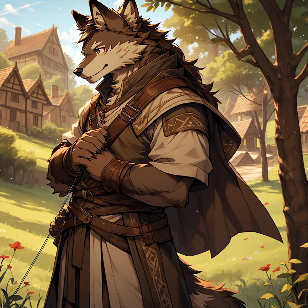(very detailed illustration: 1.2), best quality, masterpiece, solo, natural lighting, An young anthro wolf with dark brown fur, he has brown eyes and dark brown hair, he has fur on his hands and they have claws., he is dressed in archer clothing from the medieval era, he is in an open field, on his sides there are trees and behind him is a village from the medieval era, he is smiling while he has his bow and arrows on his back.