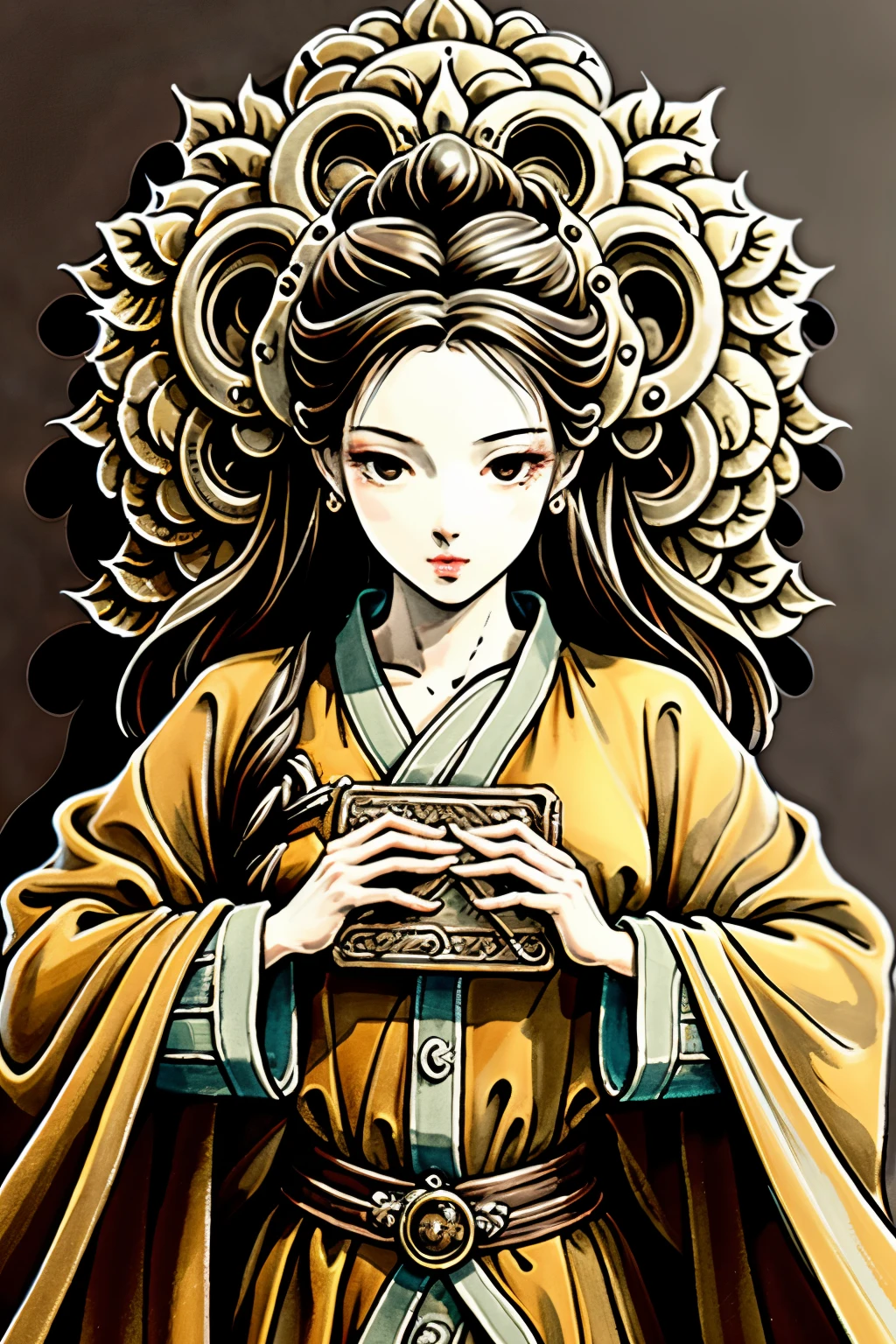 Original art piece featuring a Heijin-inspired cotton cloth relief sculpture, showcasing the legendary figure of Changzhi Shennong. The sculpture is meticulously crafted using layers of cloth, creating a three-dimensional relief that emulates the texture and form of the reference image. The base material is a smooth and luxurious silk, accentuating the intricate details of the relief.
The sculpture is rendered in stereoscopic and 3D, giving a realistic and immersive visual experience. The three-dimensional level is further accentuated through macro photography, capturing every intricate detail in stunning clarity. The overall color scheme is dominated by warm yellow-orange